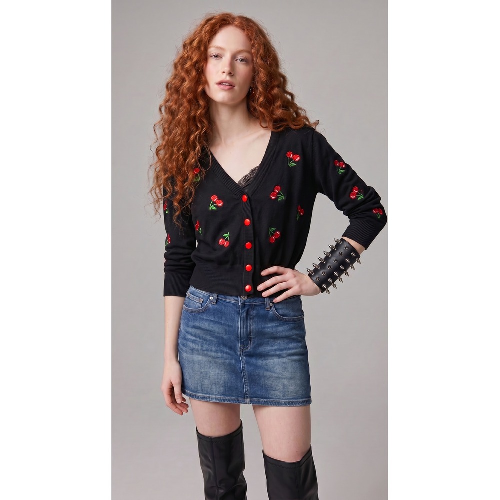 Belle Poque Cherry Embroidery Cropped Cardigan L Rockabilly Coquette Pinup Retro
